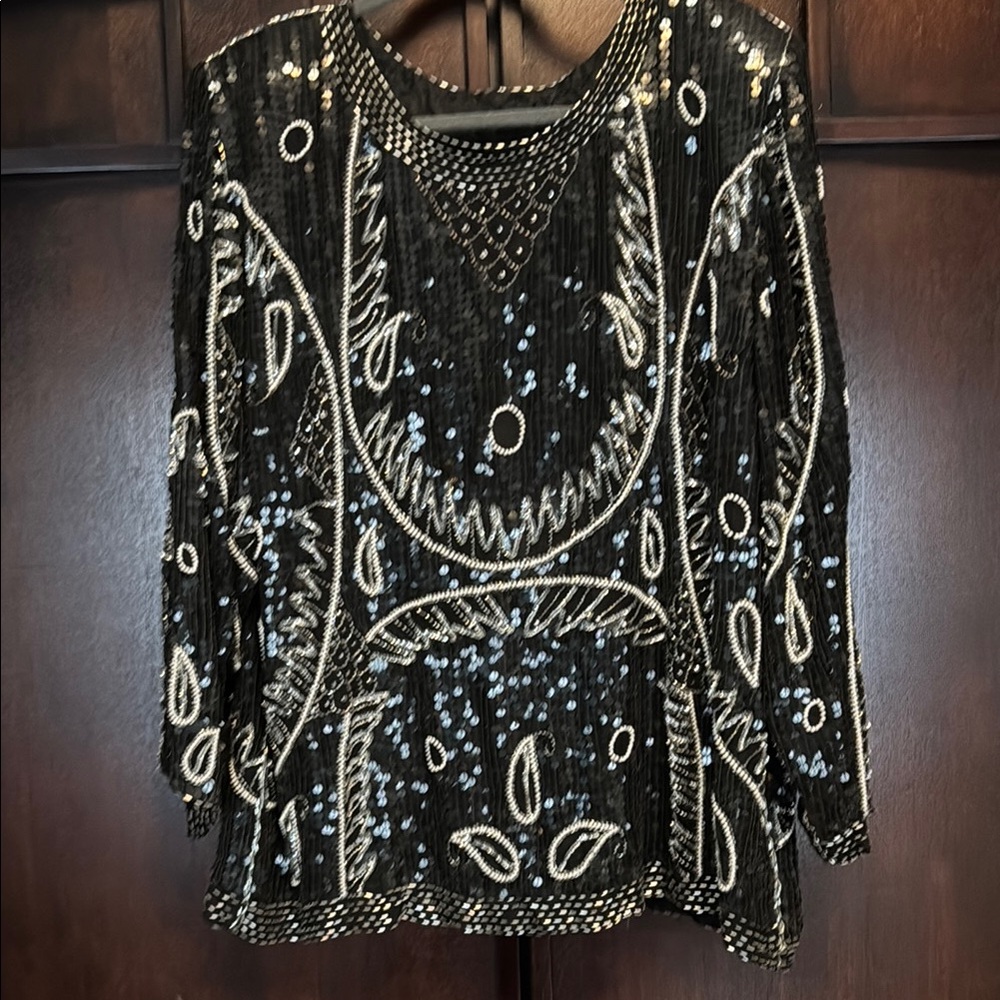 Vintage Black and Silver Sequin Embellished Women's Top